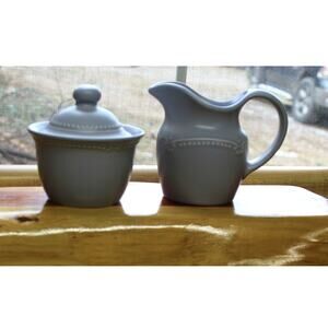 Vintage Pfaltzgraff Pale Blue Stoneware Creamer and Lidded Sugar Bowl.